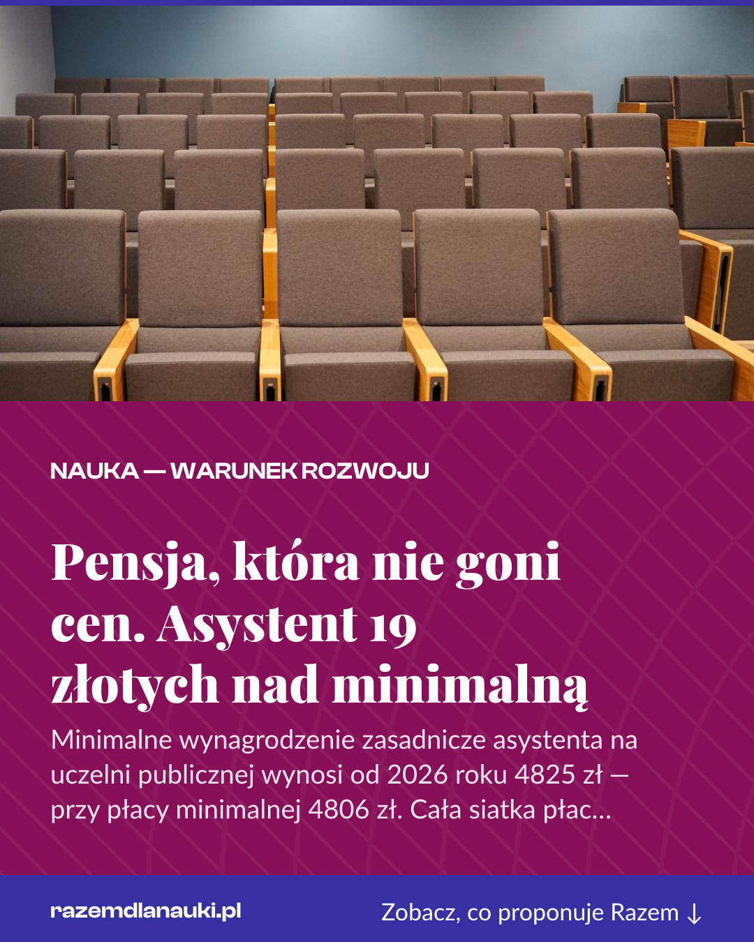 Grafika pionowa do udostępnienia: Pensja, która nie goni cen. Asystent 19 złotych nad minimalną