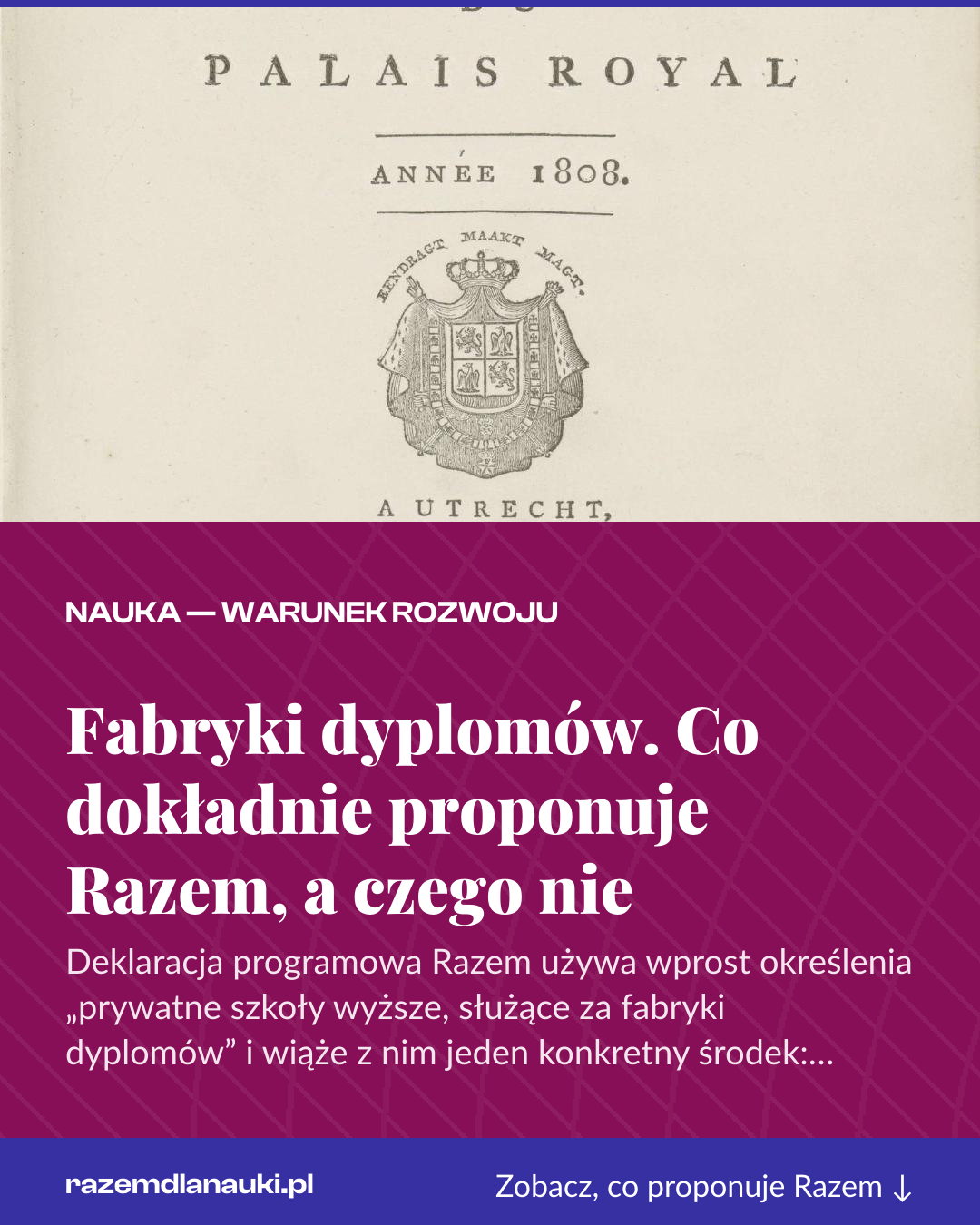 Grafika pionowa do udostępnienia: Fabryki dyplomów. Co dokładnie proponuje Razem, a czego nie