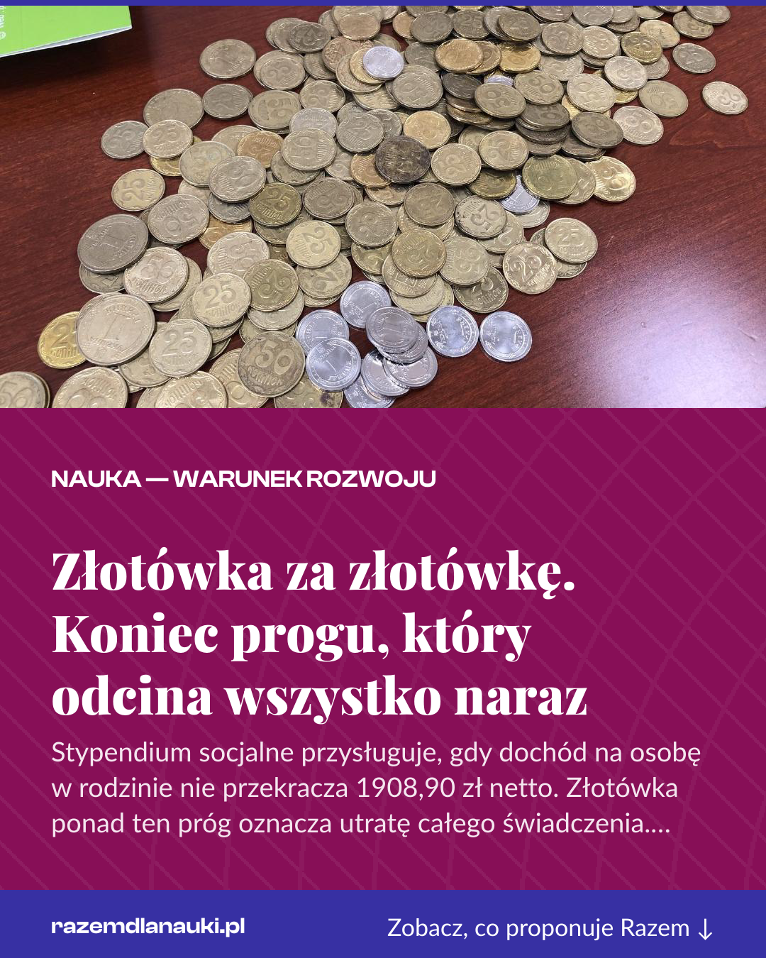 Grafika pionowa do udostępnienia: Złotówka za złotówkę. Koniec progu, który odcina wszystko naraz