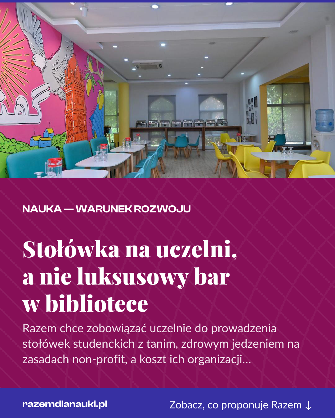 Grafika pionowa do udostępnienia: Stołówka na uczelni, a nie luksusowy bar w bibliotece